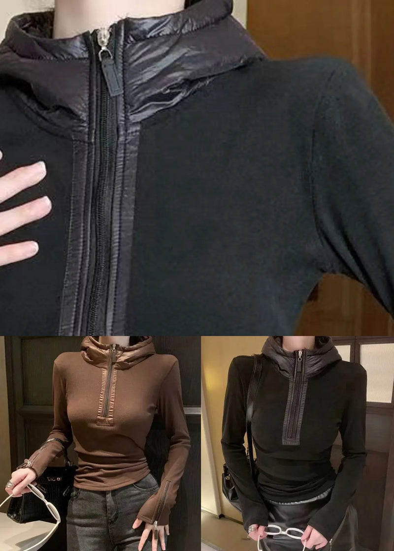 Slim Fit Black Hooded Zippered Cotton T Shirts Top Winter