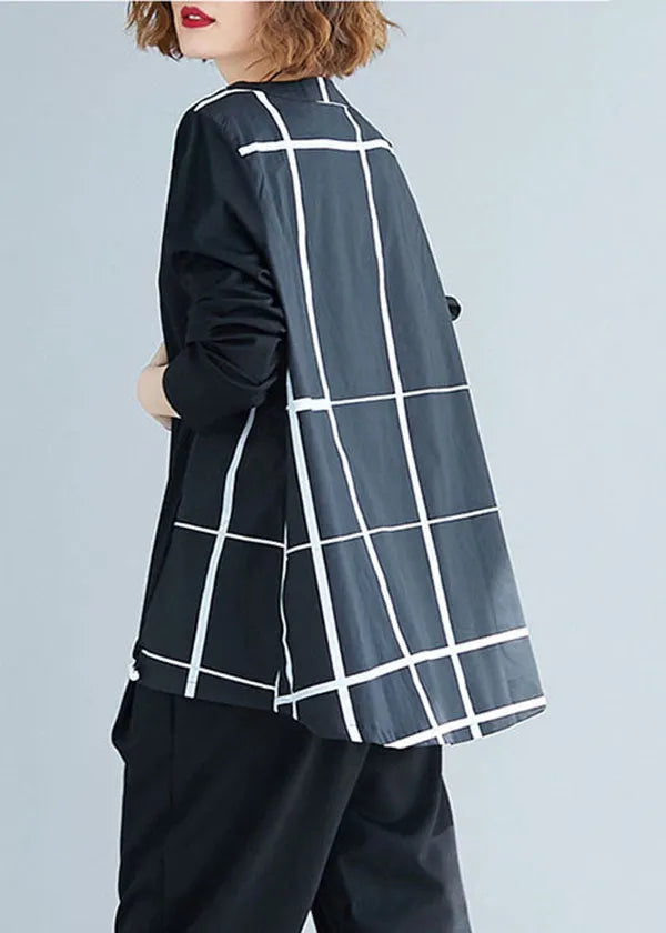 Stylish Black O-neck Drawstring Patchwork Plaid Cotton Loose Sweatshirts Top Spring