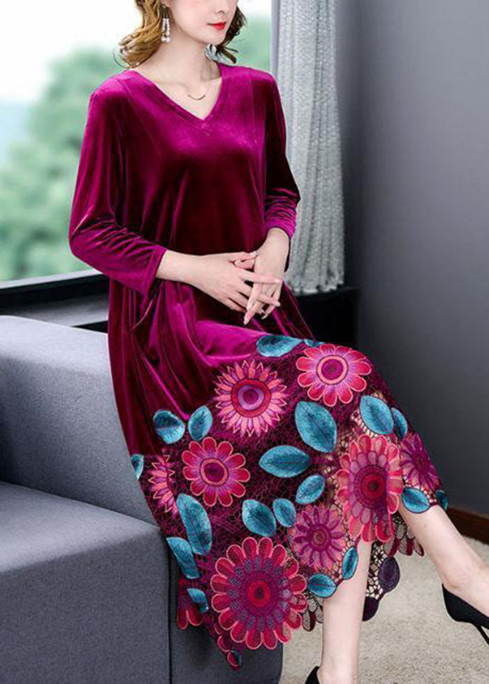 Modern Black V Neck Patchwork Hollow Out Silk Velour Dress Spring