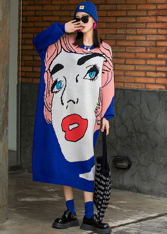French Blue O-neck Loose Fall Knit Long Dresses Long Sleeve
