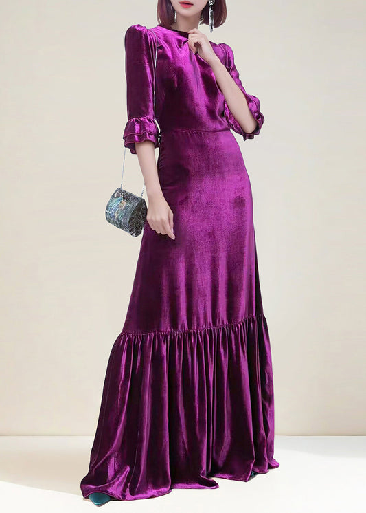 French Purple O Neck Ruffled Patchwork Silk Velour Long Dresses Spring