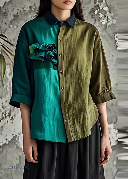 Colorblock Asymmetrical Ruffled Linen Shirt Half Sleeve
