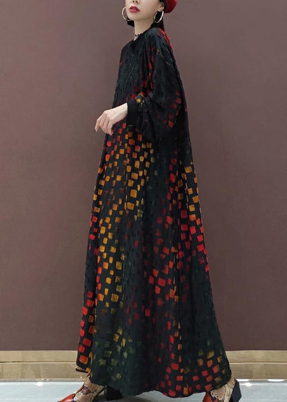 Style Plaid Tunic O Neck Dragon Design Robes Spring Dresses