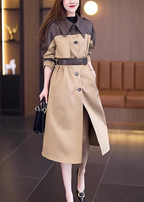 New Khaki Button Tie Waist Patchwork Cotton Long Trench Coat Spring