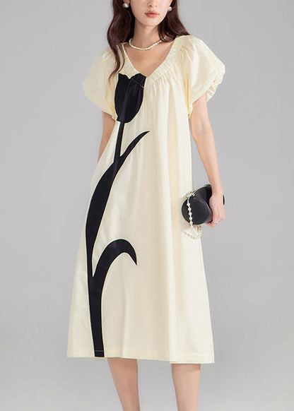 New Beige V Neck Print Cotton Dresses Summer