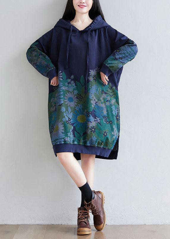 Navy Hooded Pockets Print Side Open Fall Sweatshirts Dress