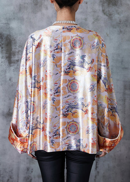 Apricot Oversized Print Silk Oriental Coats Spring