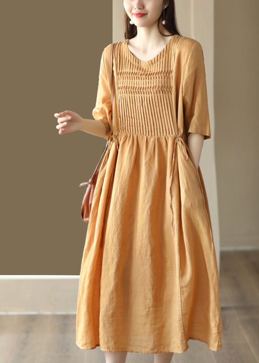 Simple Yellow O-neck Patchwork Linen Long Dresses Summer