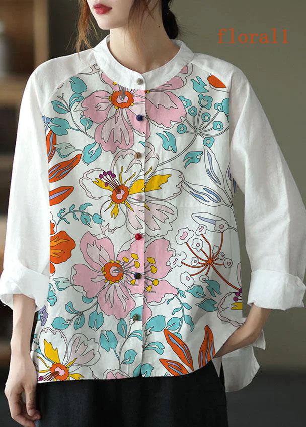 Modern Pink Flower Loose Patchwork Pockets Fall Long Sleeve Blouse Top