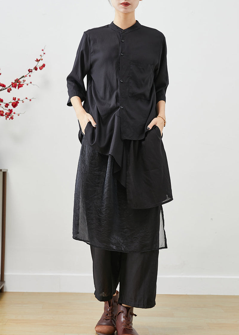 Style Black Asymmetrical Patchwork Linen Silk Two Pieces Set Spring