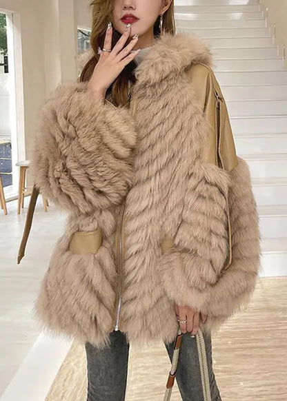 French Khaki Hooded Pockets Patchwork Leather and Fur Coats Winter