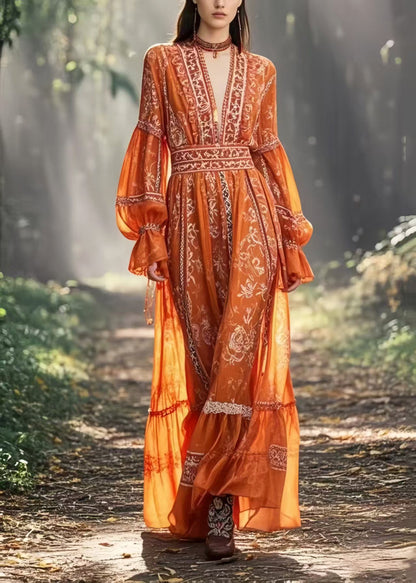 Italian Orange Cinched Print Chiffon Holiday Dress Spring