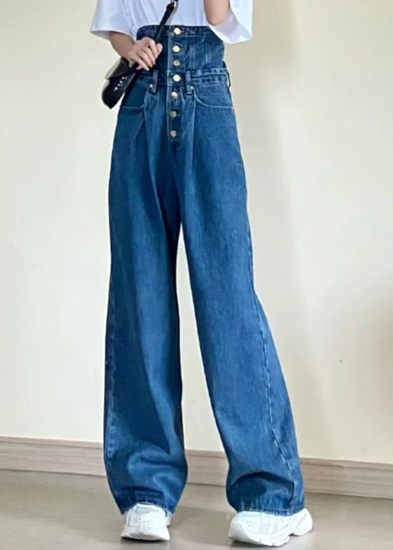 Blue High Waist Pockets Patchwork Straight Jeans Fall