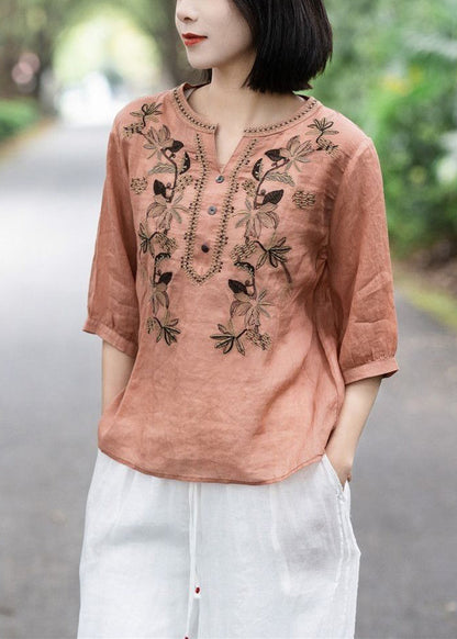 Pink Embroideried Button Cotton T Shirt Summer