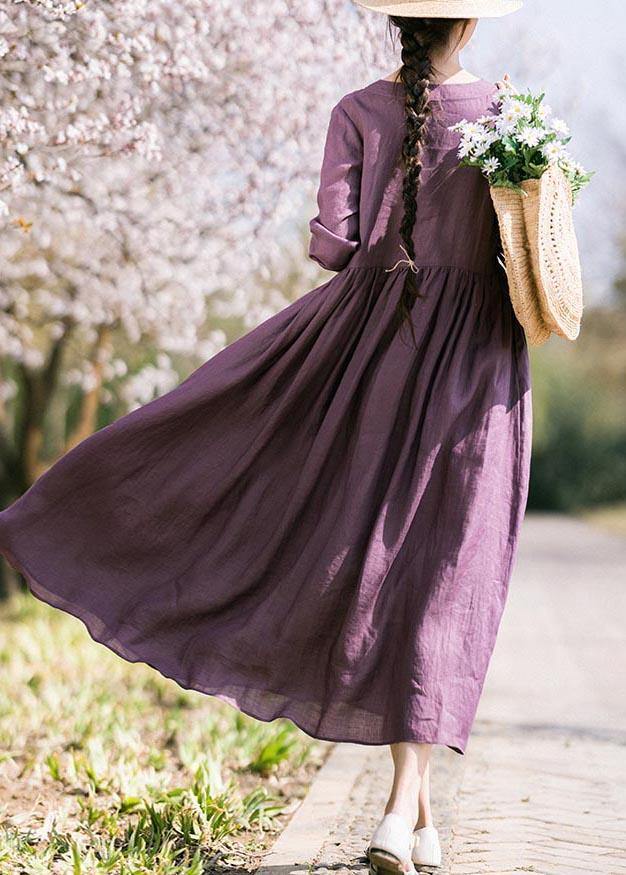 Purple Tie Waist V Neck Mid Summer Linen Dress