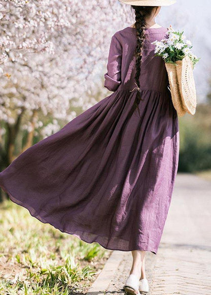 Purple Tie Waist V Neck Mid Summer Linen Dress