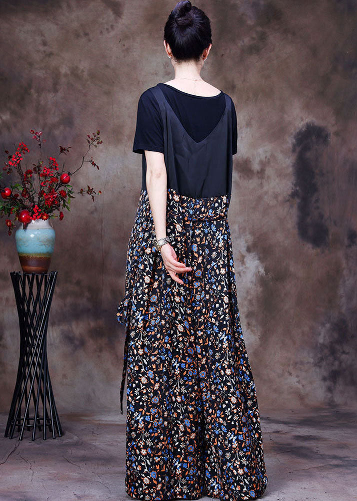 Black Patchwork Print Pockets Silk Overalls Jumpsuit Two Pieces Set Summer