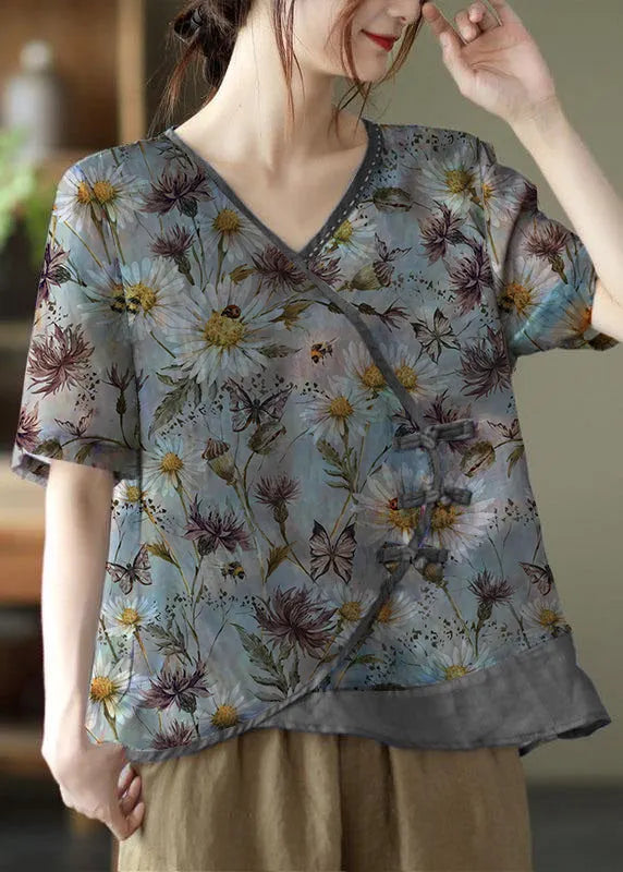 Simple Purple Print Ramie Oriental Summer Tops