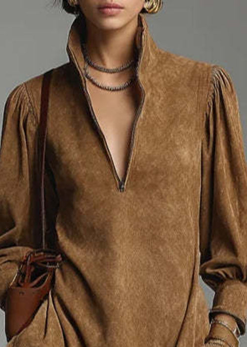 Coffee Stand Collar Zippered Pockets Faux Suede Mid Dress Spring