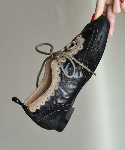 Black Sheepskin Lace Up Splicing Loafers