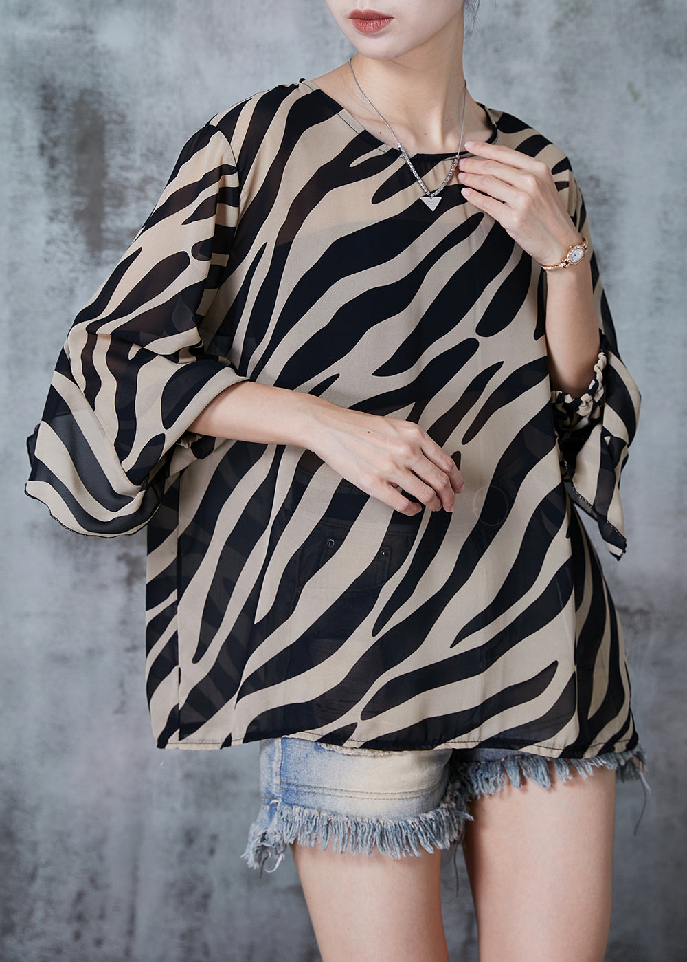 Coffee Ruffles Striped Chiffon Top Spring