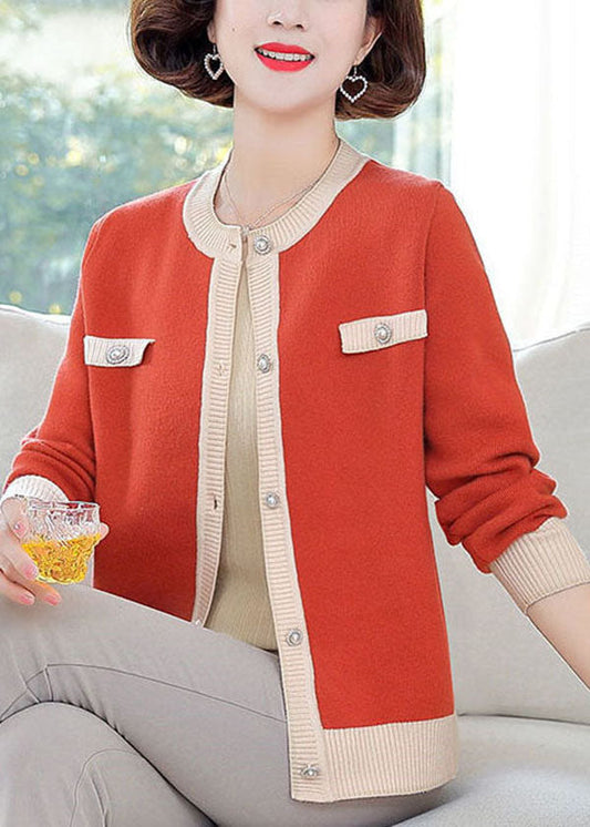 Stylish Orange O-neck Patchwork Pearl Button Knit Jackets Long Sleeve