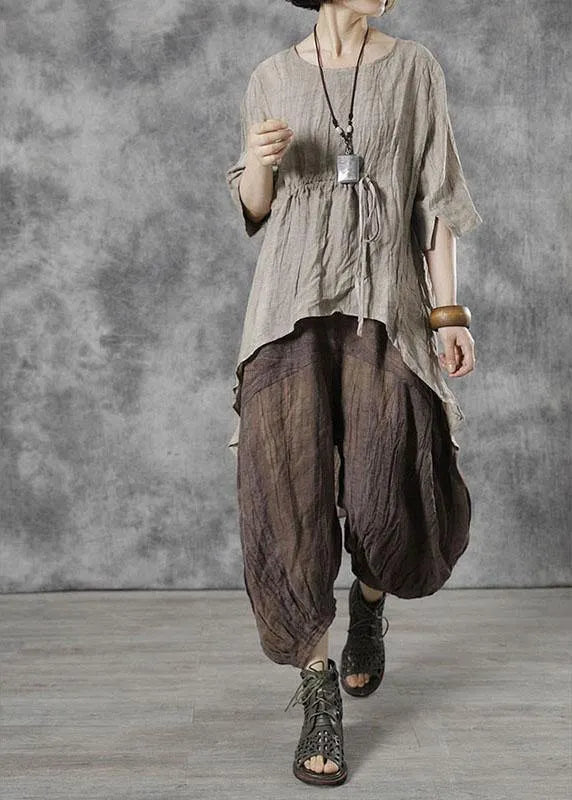 Khaki O-neck Asymmetrical Design Fall Half Sleeve Tops