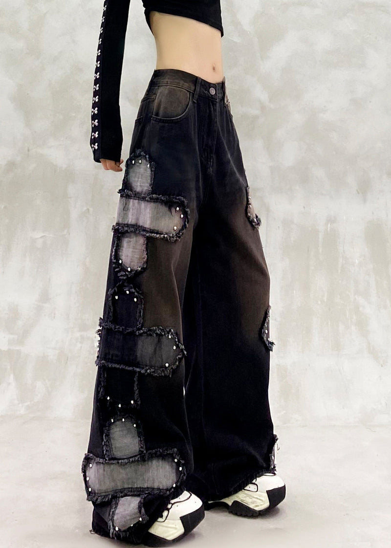 Boutique Black Oversized Patchwork Rivet Denim Straigh Pants Spring