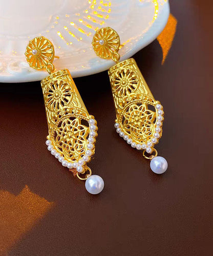 Yellow Sterling Silver Overgild Pearl Hollow Out Tassel Drop Earrings