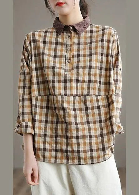 Lapel Patchwork Spring Shirts Fabrics Lighe Orange Plaid Blouses