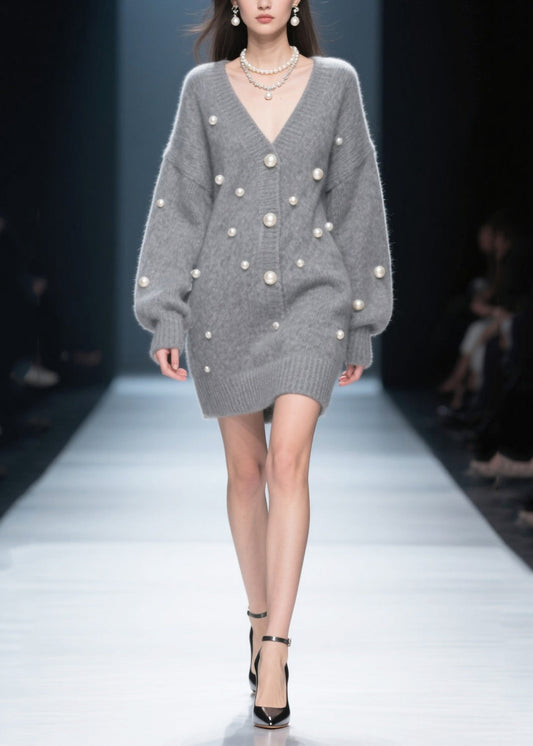 Cozy Grey V Neck Fine Pearls Thick Knit Dress Winter