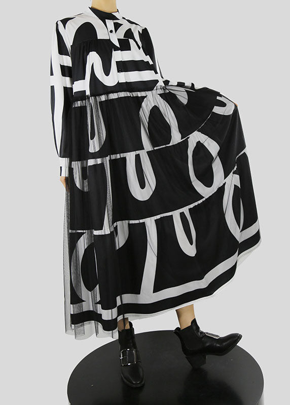 French Black Stand Collar Print Tulle Patchwork Vacation Dresses Spring