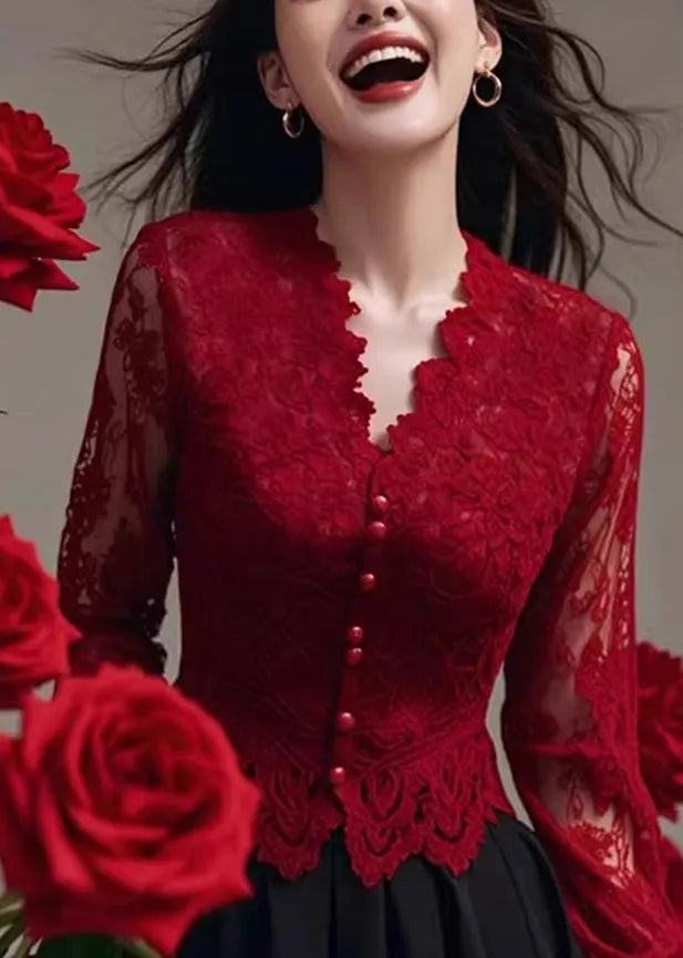 French Red V Neck Slim Fit Lace Shirt Tops Spring
