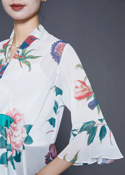 White Asymmetrical Print Chiffon Shirts Flare Sleeve