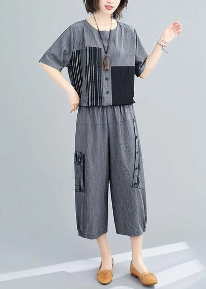Grey Patchwork Print Two Piece Set Clothing Summer Linen