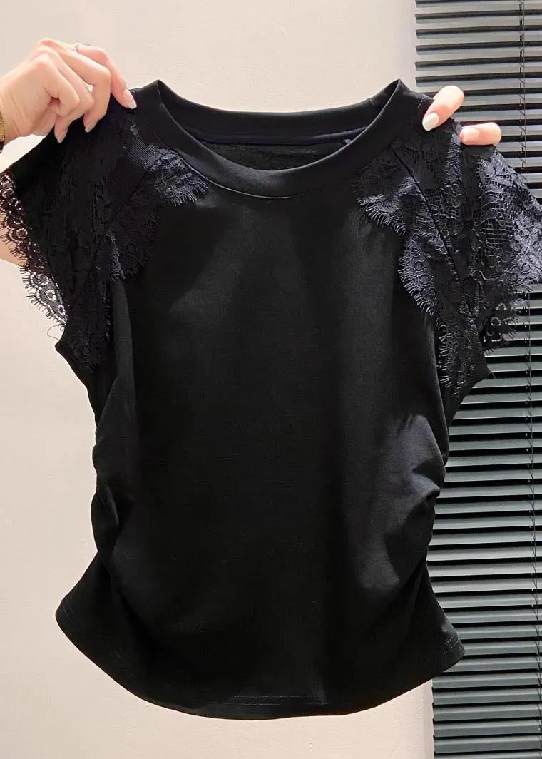 Silm Fit White Lace Patchwork Wrinkled Cotton Tanks Summer