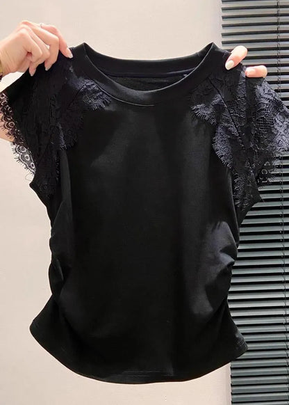Silm Fit White Lace Patchwork Wrinkled Cotton Tanks Summer