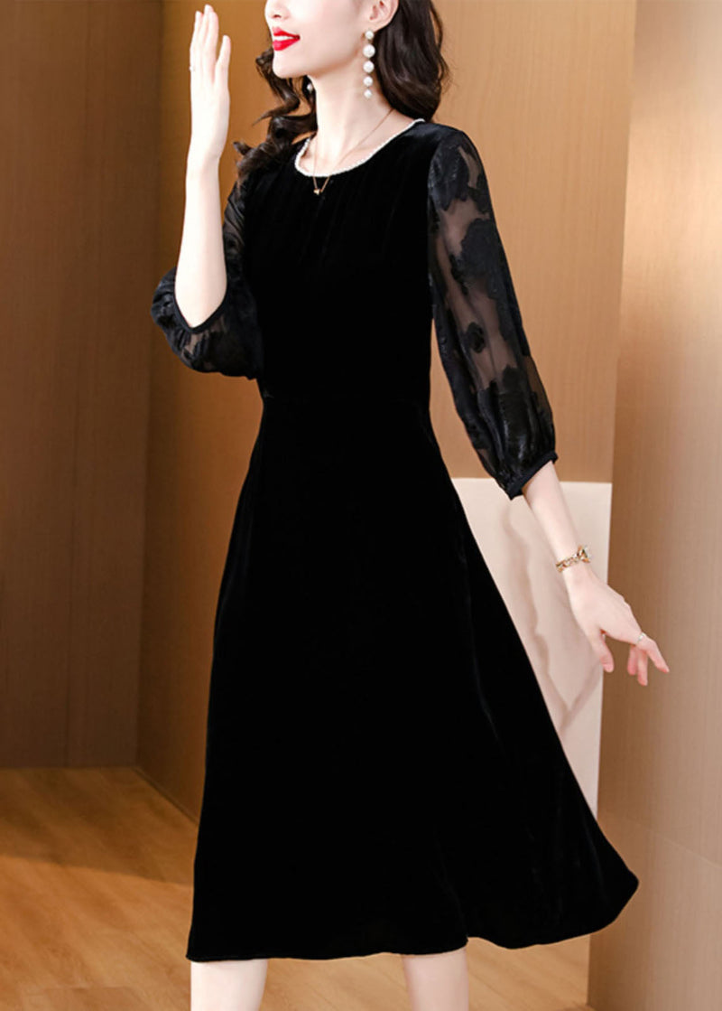 Black O-neck Embroideried Tulle Patchwork Silk Maxi Dresses Fall