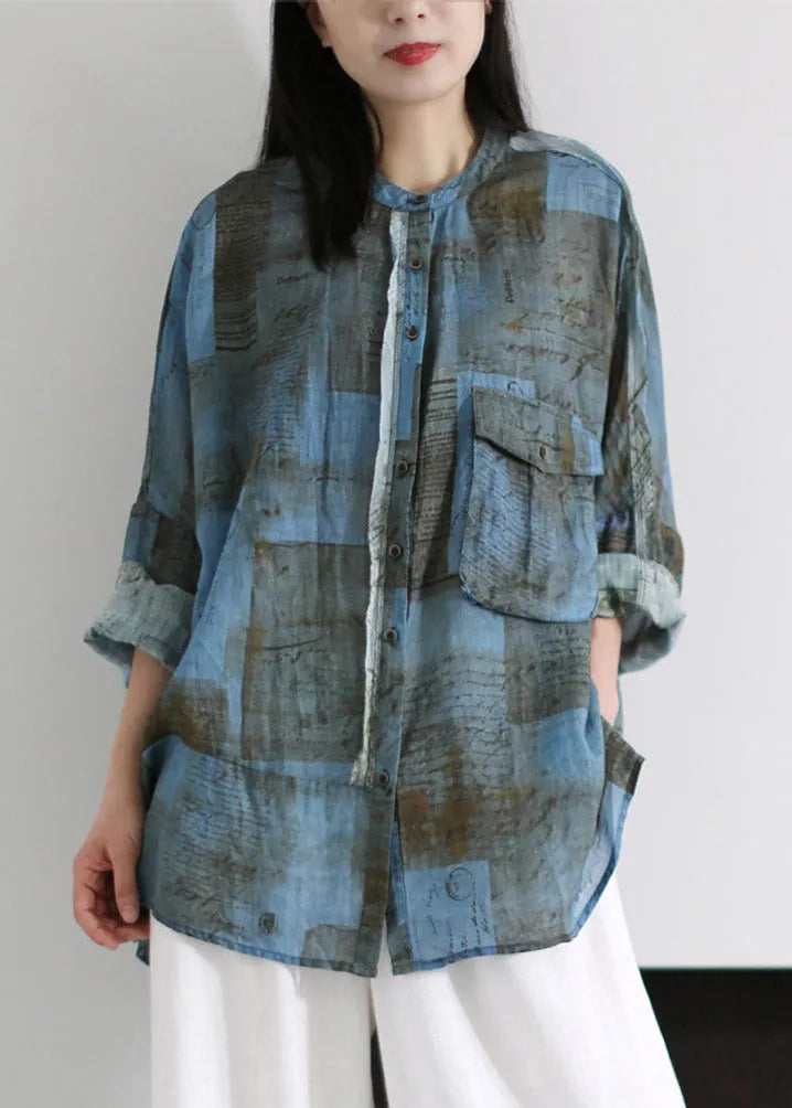 Loose Blue O-neck Print Button Pockets Linen Tops Long Sleeve