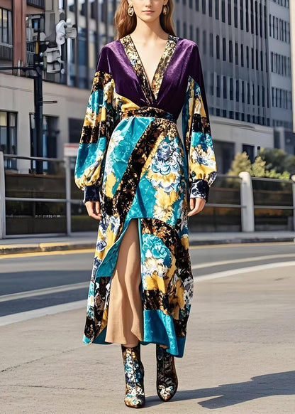 Purple Patchwork Silk Velour Vacation Dresses V Neck Side Open Spring