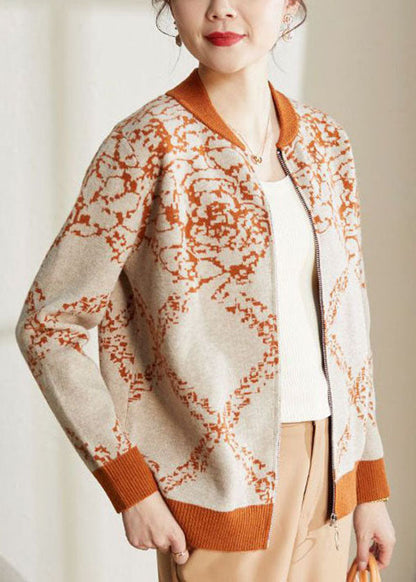 Orange O-neck Embroideried Warm Woolen Coat Long Sleeve
