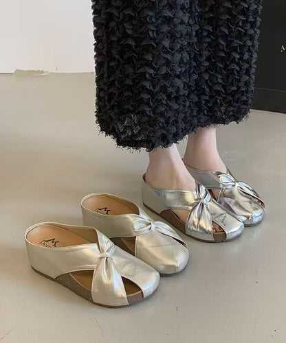 New Champagne Faux Leather Wedge Heels Slide Sandals