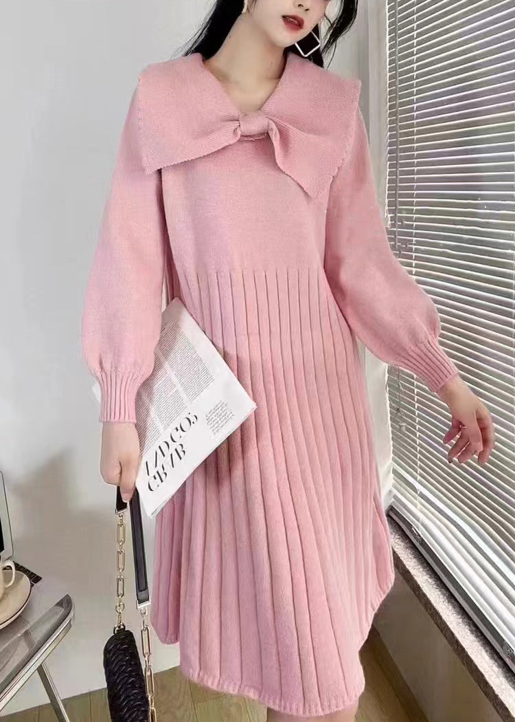 Pink Bow Wrinkled Knit Sweater Dress Winter