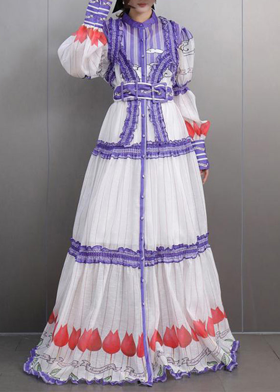 Fine White Stand Collar Ruffled Button Chiffon Maxi Dress Lantern Sleeve Spring