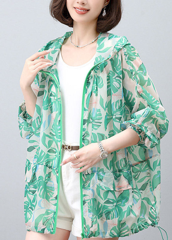 New Green Print Hooded Upf 50+ Coat Jacket Spring