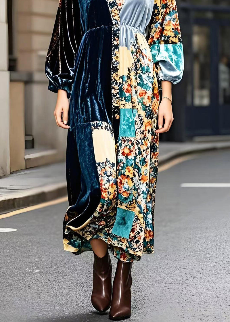 Peacock Blue V Neck Patchwork Print Silk Velour Ankle Dress Fall