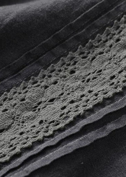 Black Wrinkled Embroideried Patchwork Linen Dress Summer
