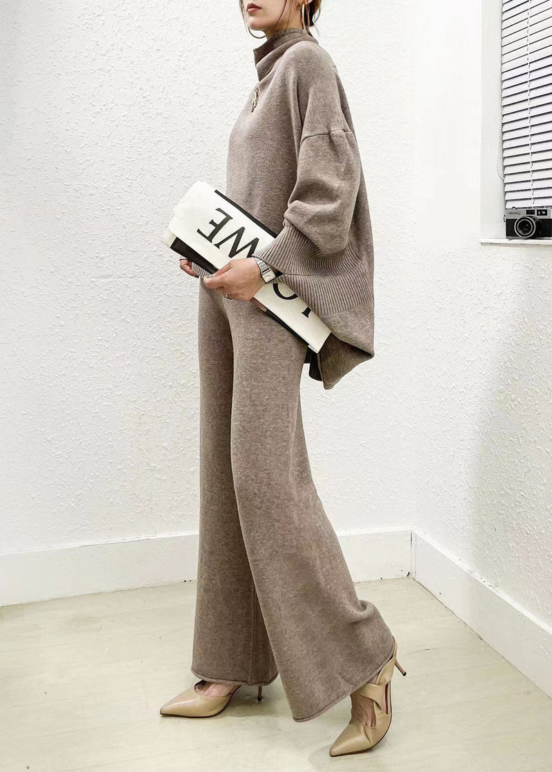 Classy Camel Sweaters and Wide Leg Pants Knit Two Piece Set Spring