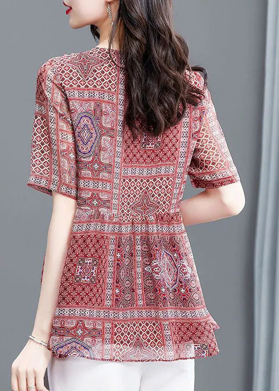 Red Print Wrinkled Chiffon Blouse Top Summer