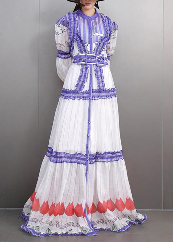 Fine White Stand Collar Ruffled Button Chiffon Maxi Dress Lantern Sleeve Spring